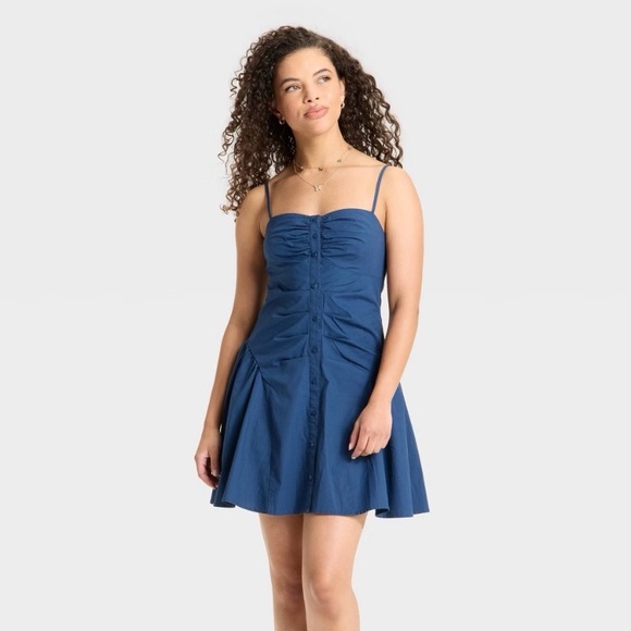 wild fable Dresses & Skirts - wild fable Blue Ruched Button-Front Spaghetti Strap Mini Dress